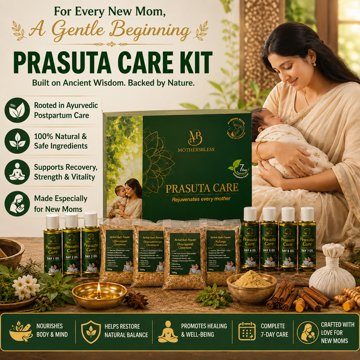 Prasuta Care - Postnatal Care Kit | 7-Day Ayurvedic Massage Therapy | Strength, Pain Relief & Skin Care After Delivery | 100% Natural Herbal Oils